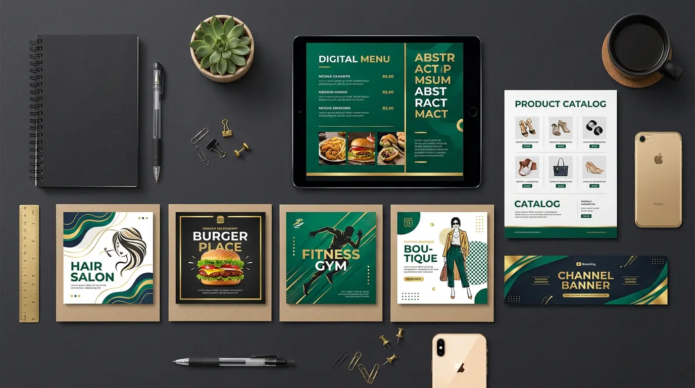 Exemplos de posts, cardápio digital, catálogo de produtos e banner criados pela Impulso Business AI